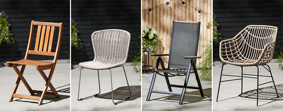 Zahradní skládací židle, stohovatelná židle, polohovatelné křeslo a zahradní židle na slunné terase
