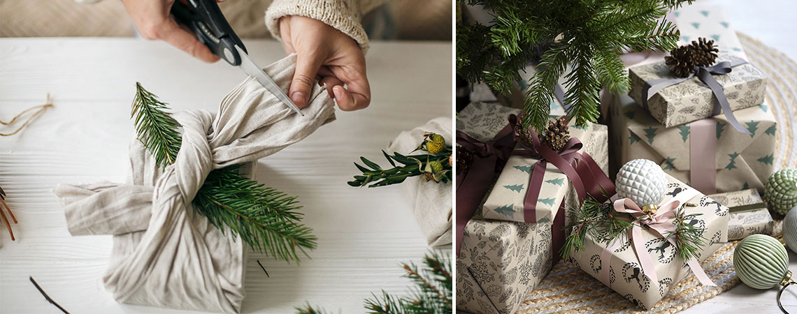 Vánoční dárky zabalené do látky a zrecyklovaného balícího papíru