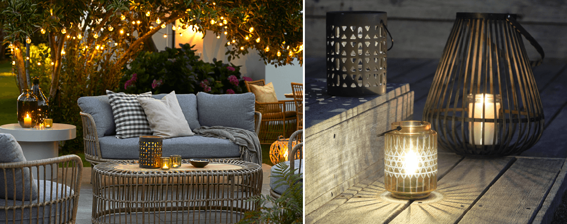 Outdoor furniture on patio in evening with garden lights and garden lanterns radiating warm light