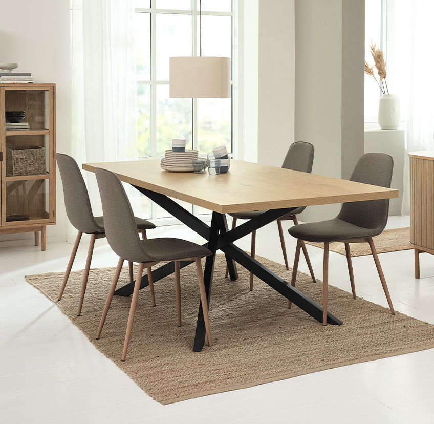 Olive dining chairs and wooden dining table in dining room 
