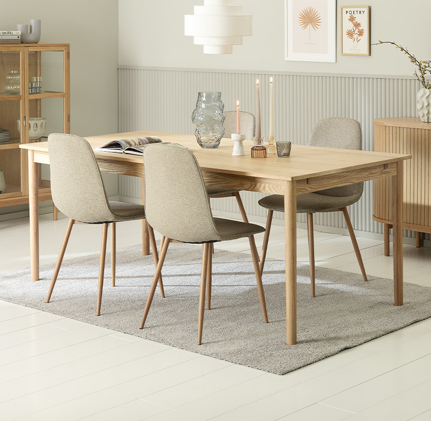 Dark beige dining chairs and wooden dining table 