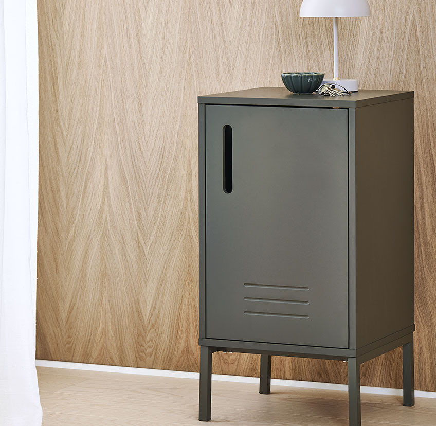 : GIVE small cabinet in olive green Small furniture cabinet in olive green with battery-operated lamp