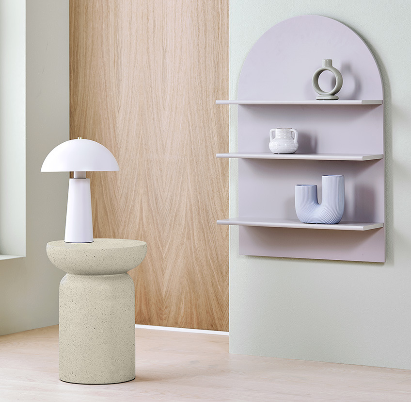 LYDUM end table, MARKUS table lamp, and ALKEN wall shelf in warm grey with three shelves Small side table in beige, white classic lamp, and grey wall shelf with three shelves