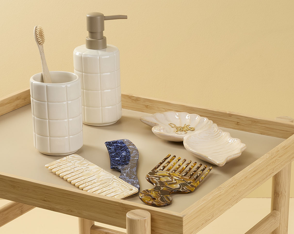 Soap dispenser, toothbrush holder, hair comb set and tray 