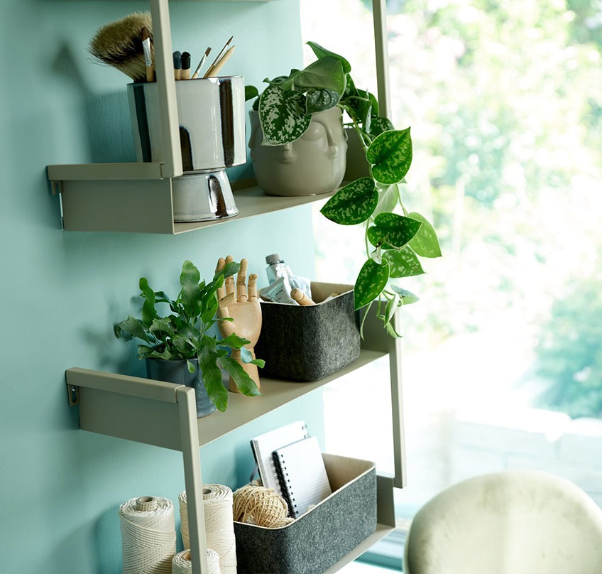 ASSENS wall shelves with ABBAS and LEONARD plant pots and GRIMUR felt baskets Wall shelves with plant pots and felt baskets