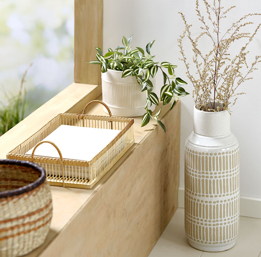 GUSTAF floor vase, MELVIN tray in bamboo and KLEMENT plant pot with ASGAR artificial plant Tall vase beside windowsill with bamboo tray and white plant pot with artificial plant