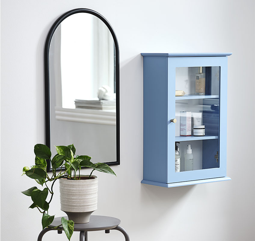 Light blue wall cabinet and mirror with black frame