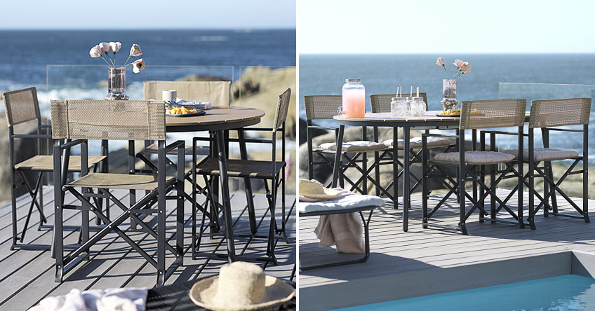 Round extendable garden table on a patio by the ocean