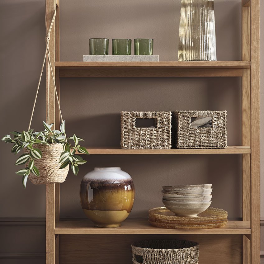 STEFAN plant pot, MADS vase, and ASLAK tealight holders Flowerpot with plant and shelving unit in wood with boxes, tealight holders, vases and other decorations